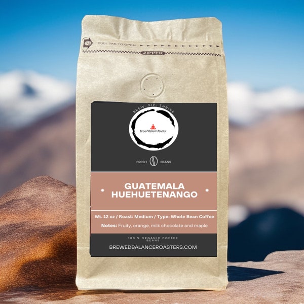 Guatemalan Huehuetenango 12 oz. freshly roasted coffee beans, to a medium roast.  Brewed Balance Roasters.