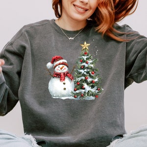 Comfort Colors® Cute Snowman Hoodie, Snowman And Christmas Tree Sweatshirt, Christmas Snowman Sweatshirt, Winter Hoodie, Christmas Hoodie