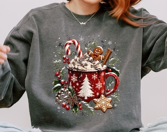 Comfort Colors® Cozy Winter Mug Sweatshirt, Womens Christmas Sweatshirt, Xmas Holiday Gift, Christmas Cocoa Sweatshirt