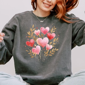 Comfort Colors® Floral Hoodie, Heart Flower Sweatshirt, Valentine Gift, Valentine Day Hoodie, Heart Sweater, Glitter Image, Not Real Glitter