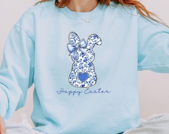 Comfort Colors® Happy Easter Rabbit Sweatshirt, Blue Floral Bunny Sweatshirt, Easter Day Hoodie, Easter Rabbit Hoodie, Easter Bow Sweatshirt