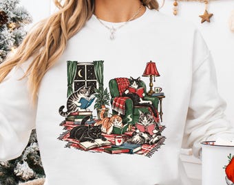Christmas Cat Reading Book Sweatshirt, Christmas Gift For Librarian, Winter Reading Sweatshirt, Christmas Season Sweater, Holiday Sweatshirt