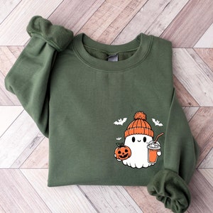Cute Ghost Sweatshirt, Fall Season Sweatshirt, Spooky Season Sweatshirt, Funny Pumpkin Hoodie, Little Ghost Sweater, Ghost Coffee Sweatshirt