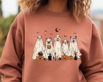 Sudadera de Halloween con perros fantasma de Comfort Colors, estilo retro para la temporada de Halloween