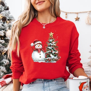 Christmas Snowman Sweatshirt, Snowman And Christmas Tree Sweatshirt, Winter Sweater, Christmas Sweatshirt, Xmas Gift, Cute Snowman Hoodie