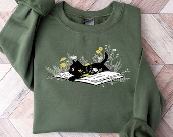 Cat Mom Sweatshirt, Cat Lover Sweatshirt, Cute Book Cat Sweatshirt, Floral Book Sweatshirt, Book Lover Sweat, Cat Themed Gifts For Women