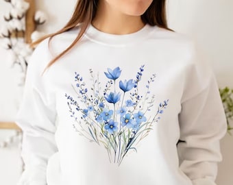 Wildflower Sweatshirt For Women, Gardening Sweatshirt, Blue Floral Sweatshirt, Flower Sweater, Pressed Flower Hoodie, Floral Graphic Sweater