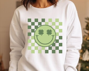 Comfort Colors St Patrick's Day Sweatshirt, Lucky Checkered Face