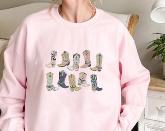 Sudadera con estampado de botas vaqueras, concierto de música country del oeste