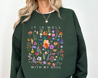 Bluza z kapturem "Wszystko w porządku z moją duszą", bluza religijna z kapturem, chrześcijańska bluza z kwiatowym wzorem, prezent chrześcijański, sweter z wersetem biblijnym, bluza z kapturem z motywem wiary w kwiaty