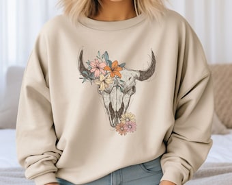 Floral Cow Skull Sweatshirt, Western Graphic Sweater