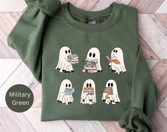 Ghost Reading Books Sweatshirt, Halloween Librarian Crewneck