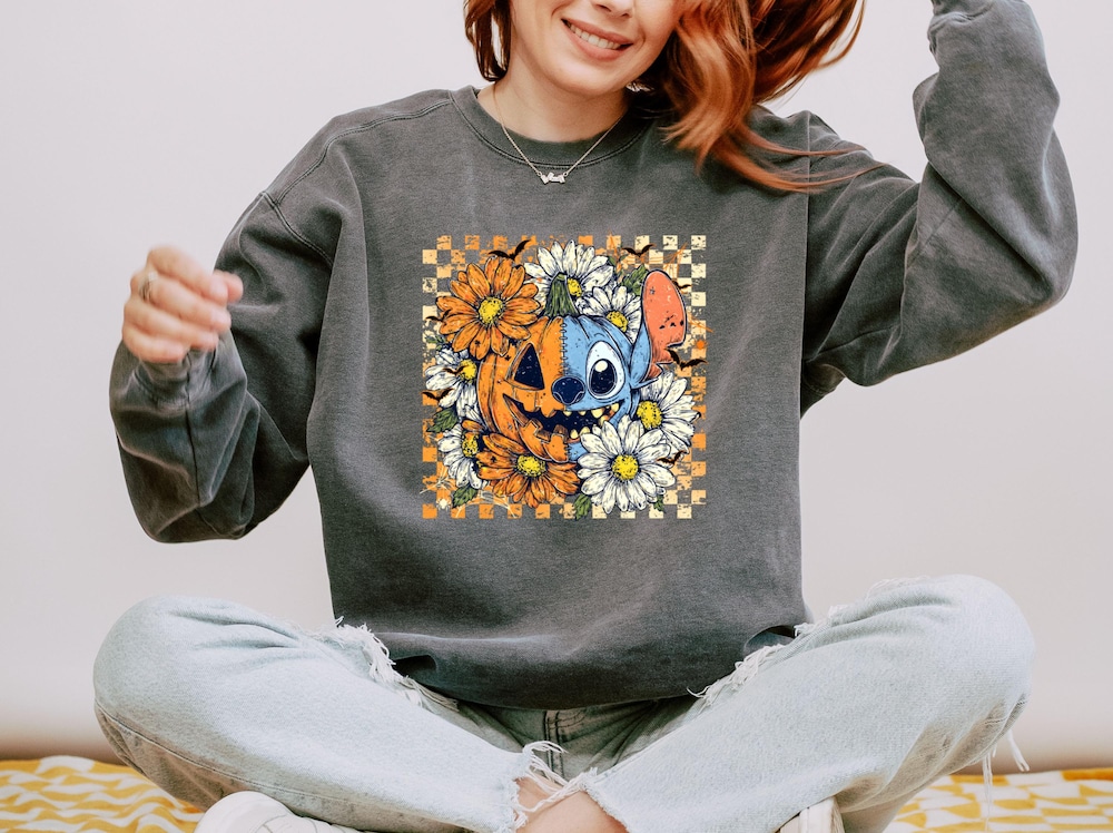 Comfort Checkered Stitch Halloween Sweatshirt, Halloween Stitch Sweatshirt, Floral Stitch Sweatshirt, Pumpkin Stitch Sweatshirt