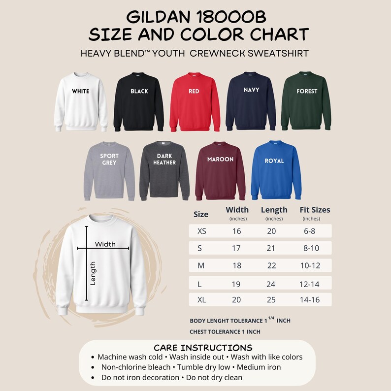 May include: Gildan 18000B youth crewneck sweatshirt size and color chart. Displays nine sweatshirt colors: white, black, red, navy, forest, sport grey, dark heather, maroon, and royal. Includes a sizing table with width, length, and fit sizes in inches.