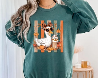 Comfort Colors® Fall Season Duck Sweatshirt, Duck Pumpkin Coffee Sweatshirt, Coffee Lover Gift, Thanksgiving Animal Sweatshirt