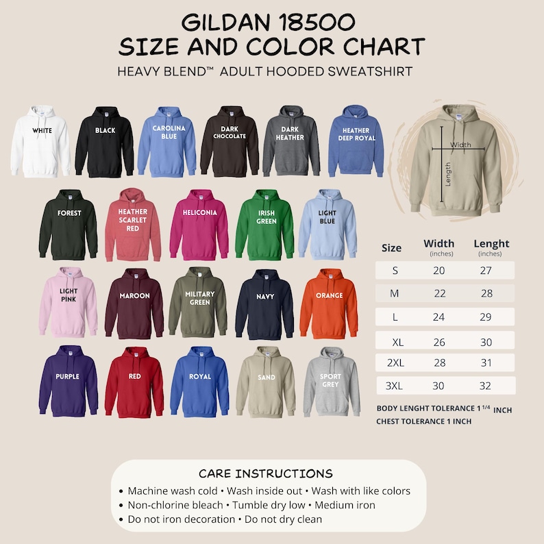 May include: Gildan 18500 Heavy Blend adult hooded sweatshirt size and color chart. Displays twenty-one color options with labels including white, black, red, and navy. Includes a sizing table with width and length measurements in inches.