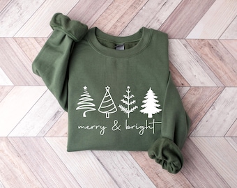 Merry And Bright Christmas Trees Sweatshirt, Holiday Sweater