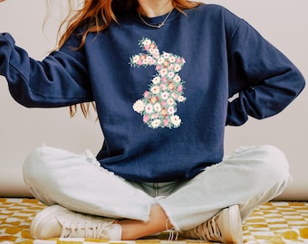 Comfort Colors® Spring Easter Sweatshirt, Easter Floral Bunny Sweatshirt, Happy Easter, Bunny Hoodie, Womens Easter Sweater, Easter Gift