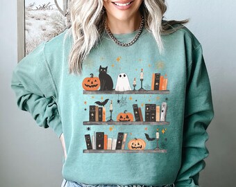 Comfort Colors Ghost Sweatshirt, Pumpkin Cat Halloween Book Lover Hoodie