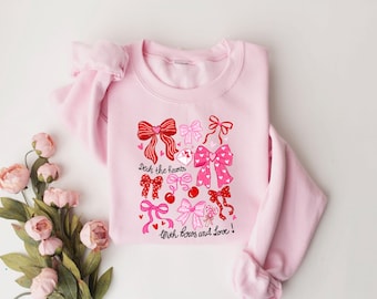 Bluza z kokardkami walentynkowymi, okrągły dekolt na walentynki, urocza bluza walentynkowa z kokieterią, damska bluza, prezent dla niej