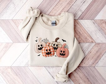 Sweat citrouille patchwork rétro, sweat citrouille à carreaux, sweat citrouille d'Halloween, sweat saison effrayante, pull d'Halloween