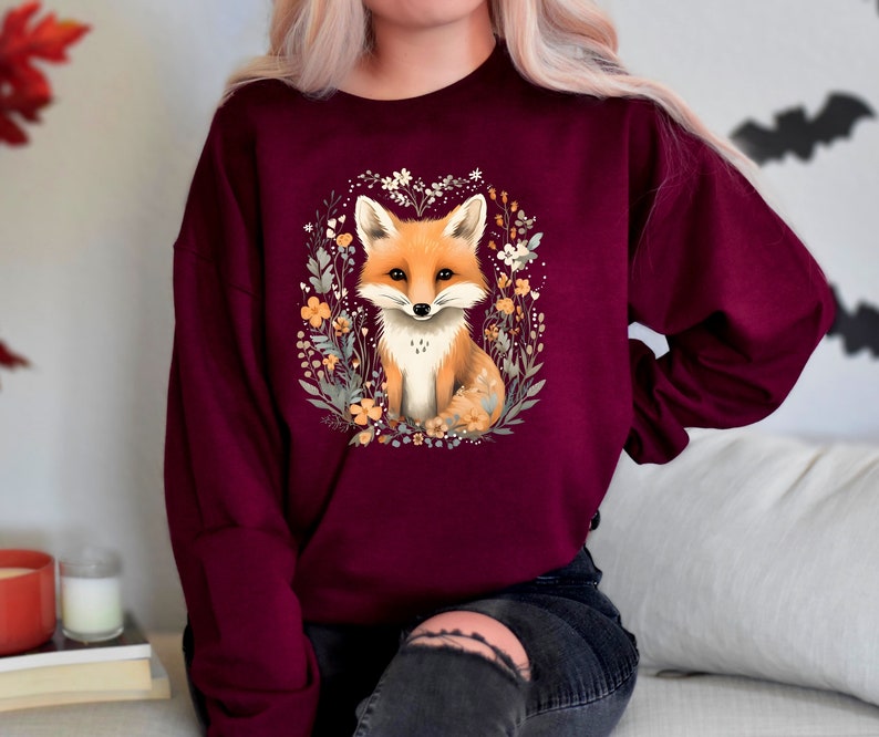 Fuchsia Fox Floral Fox Sweatshirt, Cute Fox Sweatshirt, Flower Sweatshirt, Fox ...