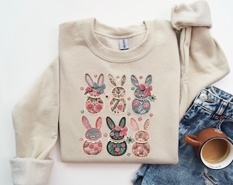 Faux Yarn Floral Bunny Sweatshirt, Easter Sweatshirt, Coquette Bunny Sweatshirt, Rabbit Sweatshirt, Easter Gift, Spring Sweater