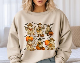 ウエスタンゴーストスウェットシャツ、ハロウィンスウェットシャツ、カントリーゴーストスウェットシャツ、キュートゴーストスウェットシャツ、不気味な秋のスウェットシャツ、ウエスタンスウェットシャツ
