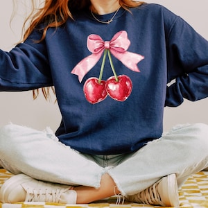 Cherry And Bow Sweatshirt, Cherry Sweatshirt, Cute Ribbon Sweatshirt, Coquette Cherry Sweatshirt, Gift For Her, Coquette Bow Sweatshirt