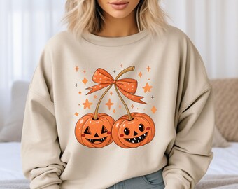 Halloween-sweatshirt pompoen-kersen, griezelige seizoenscoquette-top
