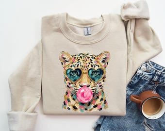 Leopard Sweatshirt, Gum Leopard Hoodie, Sunglasses Leopard Sweatshirt, Animal Sweatshirt, Wild Sweater