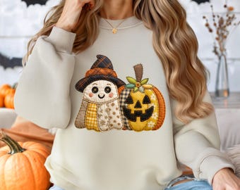 Patchwork Halloween Ghost and Pumpkin Sweatshirt, Spooky Season Crewneck
