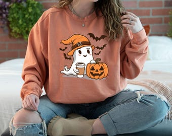 Felpa con cappuccio Comfort Colors Halloween Ghost, colore caffè, girocollo autunnale