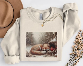 Bluza z lisem i kardynałem, bluza Forestcore, bluza z kardynałem, bluza z lisem, bluza z motywem natury, bluza z kapturem ze zwierzętami