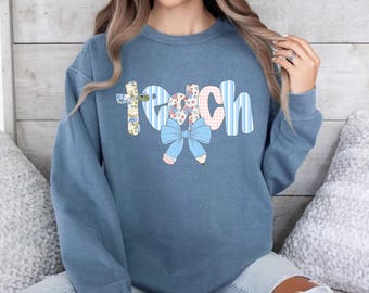 Comfort Colors Teach Bow Sweatshirt, Floral Teacher Hoodie