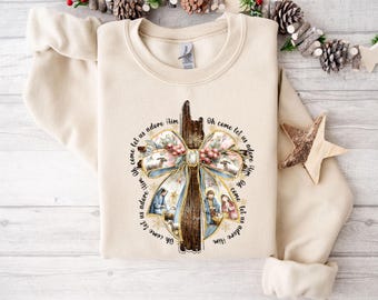 Sudadera "Oh Come Let Us Adore Him", sudadera navideña con lazo coqueto, sudadera religiosa, sudadera cristiana, suéter de la Natividad de Jesús