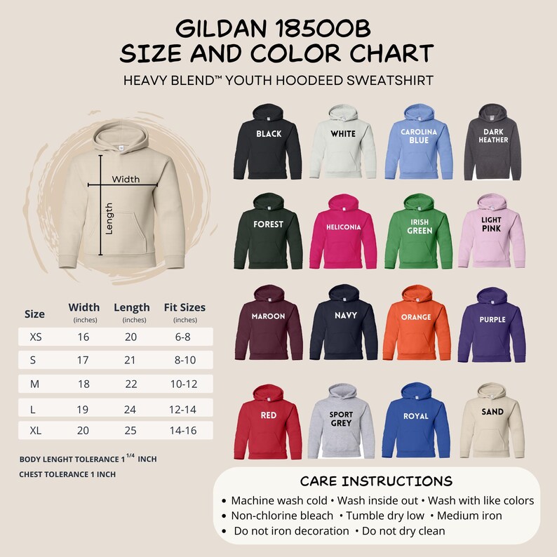 May include: Gildan 18500B size and color chart for youth hooded sweatshirts. Includes a beige hoodie diagram with width and length labels, a size table in inches, and sixteen color swatches labeled black, white, blue, grey, green, pink, maroon, navy, orange, purple, red, and sand.