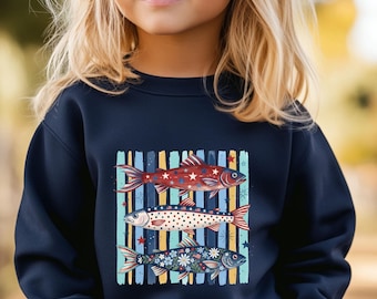 Patriotic Trout Sweatshirt, American Flag Fish Sweatshirt, 4th Of July Fishing Sweatshirt, Patriotic Hoodie, Floral Sweatshirt