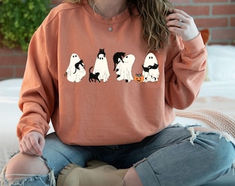 Sudadera Comfort Colors de Halloween, diseño de gato fantasma espeluznante