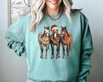 Comfort Colors Christmas Horse Sweatshirt, Western Holiday Sweater