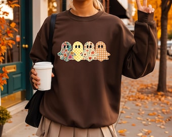 Sweater met bloemenspook, retro Halloween-ronde hals