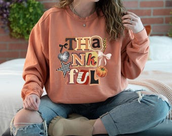 Comfort Colors® Thanksgiving Thankful Sweatshirt, Pumpkin Sweatshirt, Autumn Sweatshirt, Fall Gift