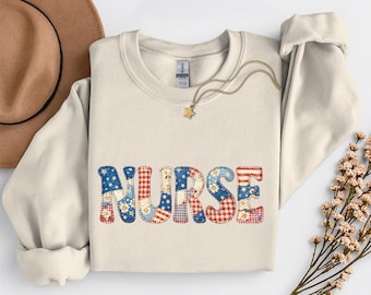 Bluza z nadrukiem w kwiaty i imitacją patchworku dla pielęgniarki, Bluza z okazji 4 lipca dla pielęgniarki, Prezent na Dzień Niepodległości, Wdzięczność dla pielęgniarki, Bluza z okazji Dnia Pamięci