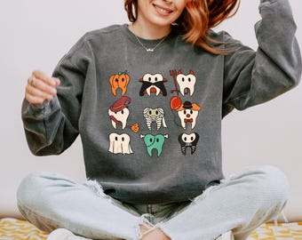 Sudadera de Halloween Comfort Colors® con temática dental, divertida sudadera con dientes de Halloween, sudadera espeluznante de dentista, regalo de Halloween