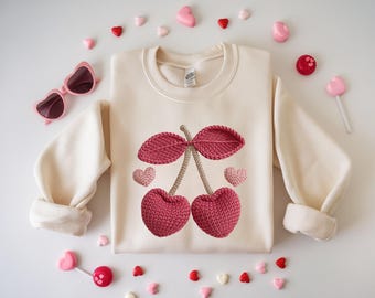 Valentines Day Cherry Sweatshirt, Valentine Sweatshirt, Cherries Sweatshirt, Love Sweatshirt, Gift For Her Knitting Image, Not Real Knitting