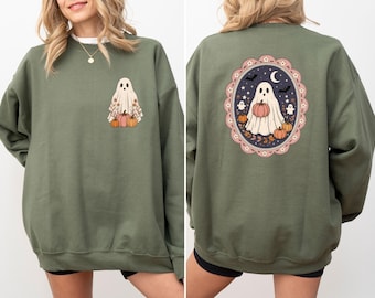 Uroczy sweter z duchem na Halloween, upiorna bluza z kapturem, kwiatowa bluza z duchem, sweter w stylu vintage na Halloween, prezent na Halloween
