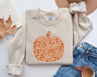Sudadera con estampado de calabaza y flores, sudadera con estampado de calabaza para mujer, sudadera con estampado de agradecimiento, sudadera con estampado de Acción de Gracias, sudadera con estampado de otoño