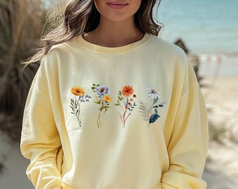 Comfort Colors Botanical Flower Sweatshirt, Floral Graphic Hoodie
