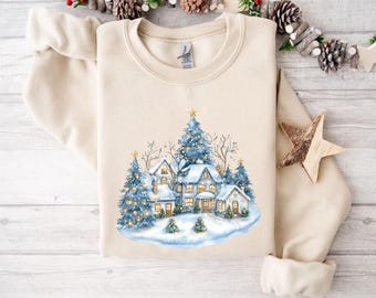 Christmas Sweatshirt, Winter House Sweatshirt, Christmas Gift, Winter Sweater, Christmas Tree Sweatshirt, Snow Sweatshirt, Holiday Hoodie