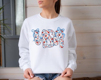 Coquette USA Sweatshirt, 4th Of July Sweatshirt, Floral Patriotic Sweatshirt, USA Bow Sweatshirt, Gift For Her, American Sweater, USA Hoodie